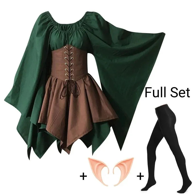 Medieval Costume Women Renaissance Medieval Dress Fairy Elf Traditional Irish Viking Costume Elf Ear for Halloween Party