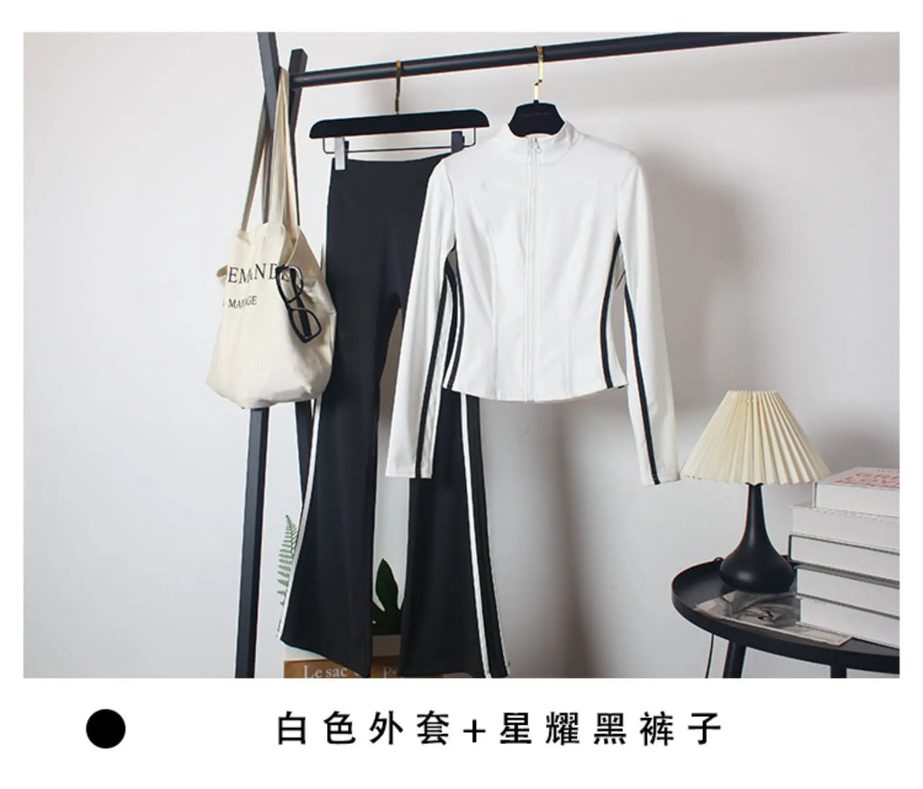 Women's Yoga Costumes 3pcs Set Spring Coat and Bra High-waisted Flared Trousers Dance Morning Runs Costume Outfits for Female