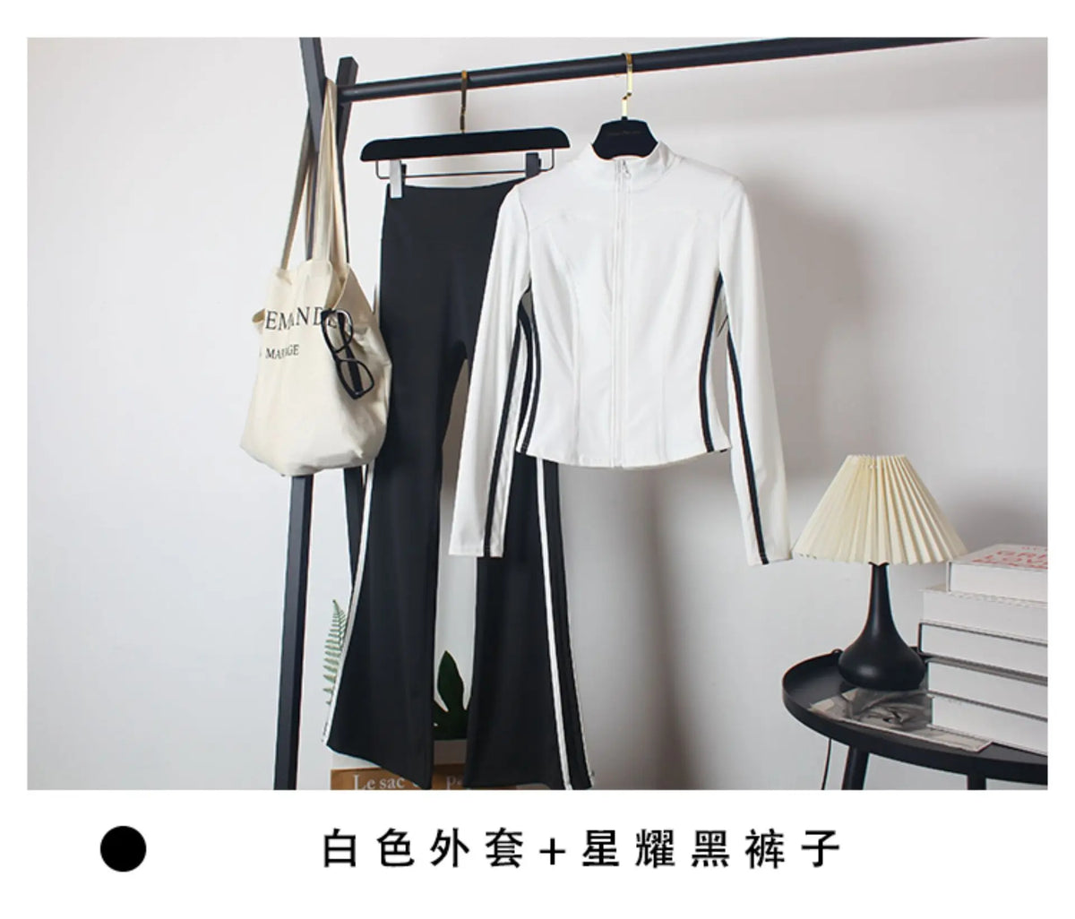 Women's Yoga Costumes 3pcs Set Spring Coat and Bra High-waisted Flared Trousers Dance Morning Runs Costume Outfits for Female