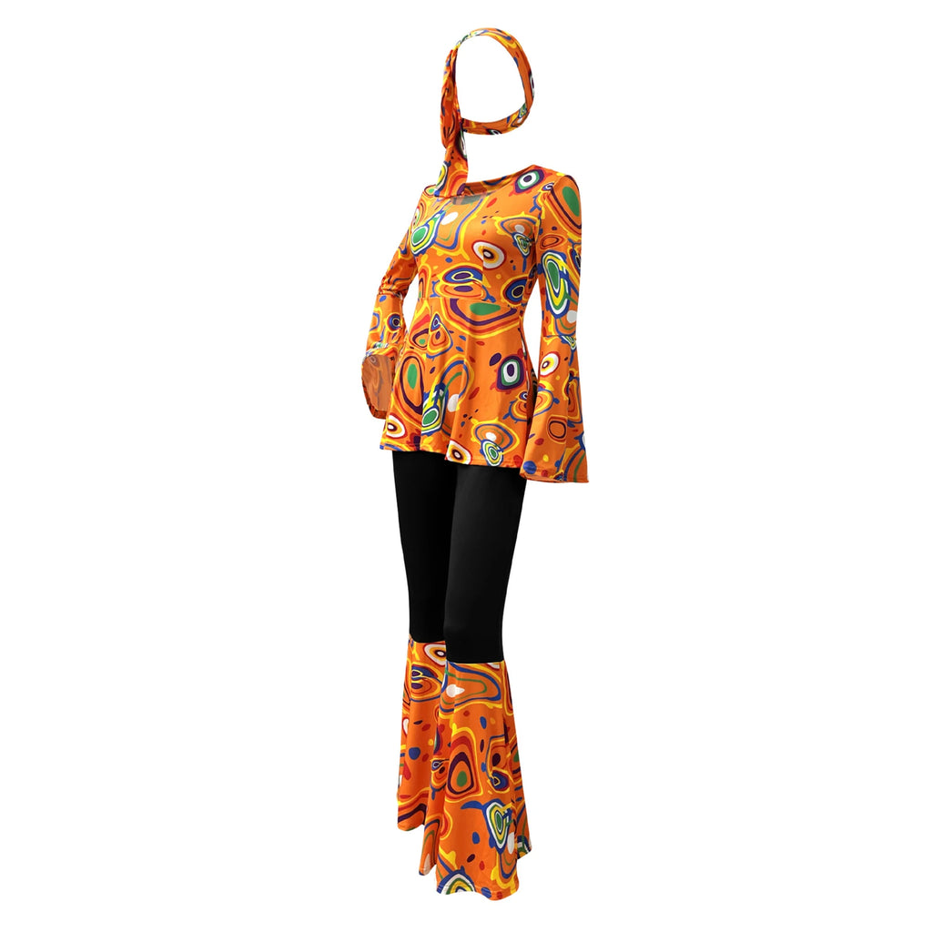 Women 60s 70s Outfits Hippie Costume Set Disco Outfit Dress Boho Flared Pants Hippie Shirt Headband