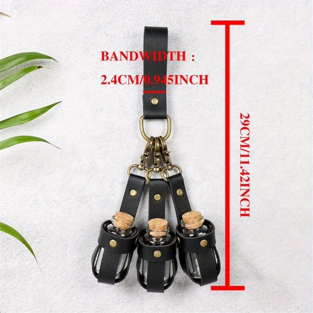 Medieval Viking Costume Set, Includes Long Belt + 3 PU Leather Cork Potions Flasks, Renaissance Witch Props Magic Elixir Cosplay