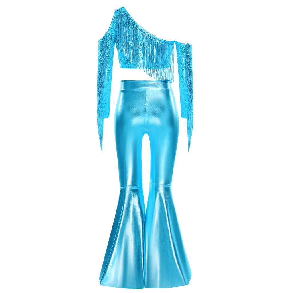 Kids Girls 70s Disco Outfits Sequins Jazz Dance Costume Hippie Hip Hop 60s Costumes Tassels Flared Jumpsuit Pageant Party Romper