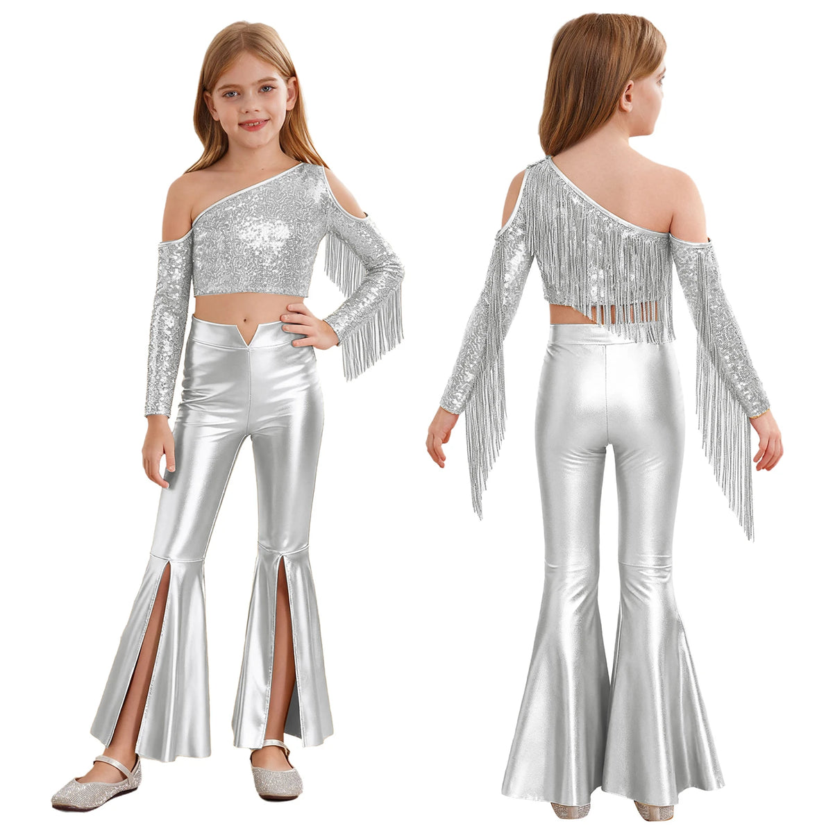 Kids Girls 70s Disco Outfits Sequins Jazz Dance Costume Hippie Hip Hop 60s Costumes Tassels Flared Jumpsuit Pageant Party Romper