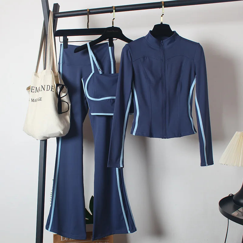 Women's Yoga Costumes 3pcs Set Spring Coat and Bra High-waisted Flared Trousers Dance Morning Runs Costume Outfits for Female
