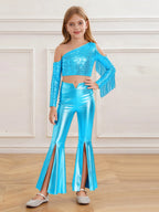 Kids Girls 70s Disco Outfits Sequins Jazz Dance Costume Hippie Hip Hop 60s Costumes Tassels Flared Jumpsuit Pageant Party Romper