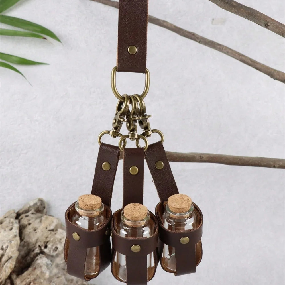Medieval Viking Costume Set, Includes Long Belt + 3 PU Leather Cork Potions Flasks, Renaissance Witch Props Magic Elixir Cosplay