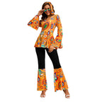 Women 60s 70s Outfits Hippie Costume Set Disco Outfit Dress Boho Flared Pants Hippie Shirt Headband
