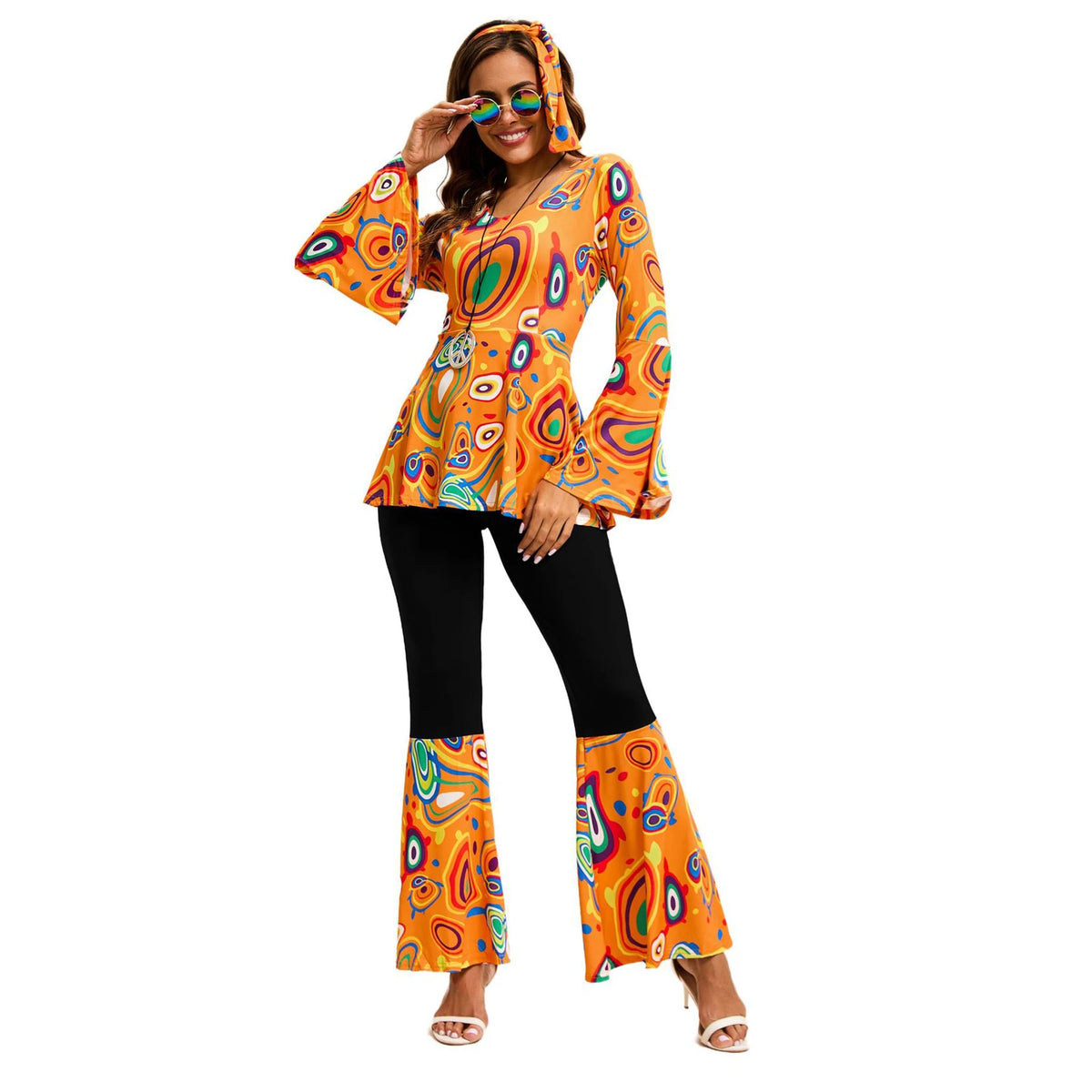 Women 60s 70s Outfits Hippie Costume Set Disco Outfit Dress Boho Flared Pants Hippie Shirt Headband
