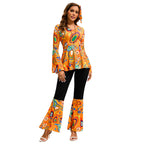 Women 60s 70s Outfits Hippie Costume Set Disco Outfit Dress Boho Flared Pants Hippie Shirt Headband