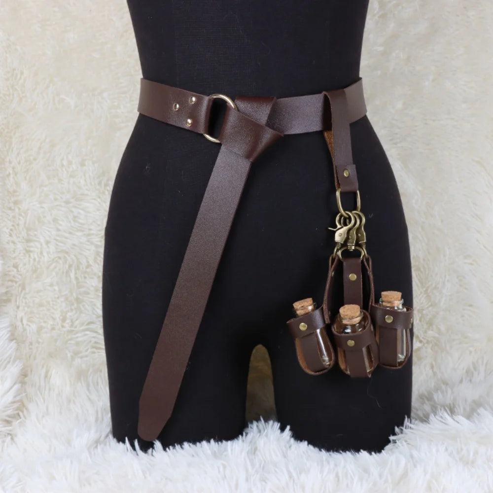 Medieval Viking Costume Set, Includes Long Belt + 3 PU Leather Cork Potions Flasks, Renaissance Witch Props Magic Elixir Cosplay