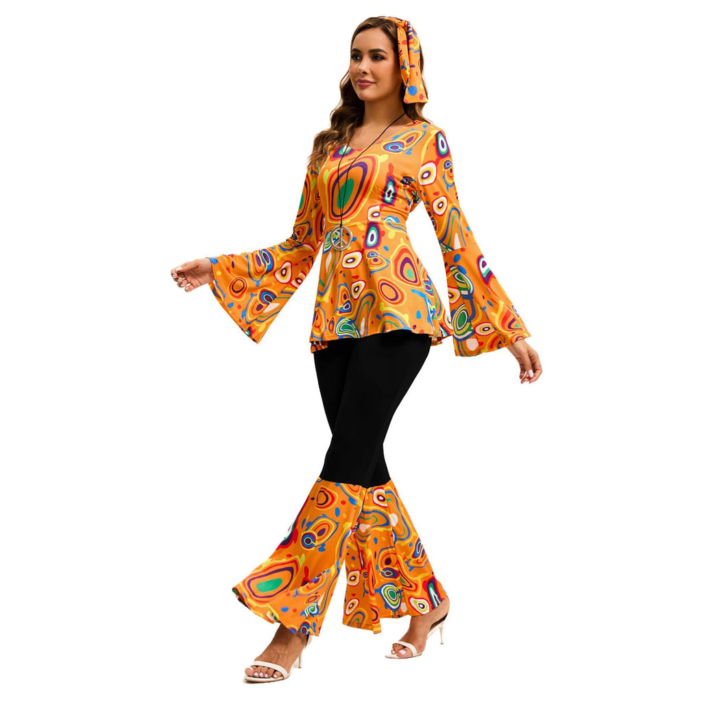 Women 60s 70s Outfits Hippie Costume Set Disco Outfit Dress Boho Flared Pants Hippie Shirt Headband