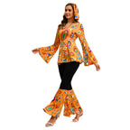 Women 60s 70s Outfits Hippie Costume Set Disco Outfit Dress Boho Flared Pants Hippie Shirt Headband