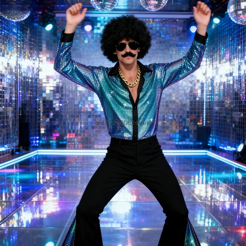 70s Vintage Disco Costume for Men Shiny Golden Shirt Flared Pants with Accessories Adult Halloween Party Performance Outfits
