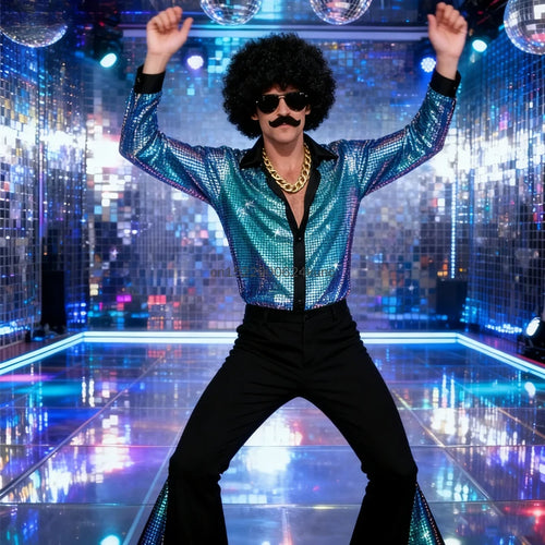 70s Vintage Disco Costume for Men Shiny Golden Shirt Flared Pants with Accessories Adult Halloween Party Performance Outfits