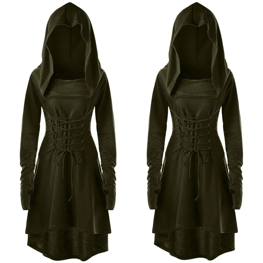Womens Renaissance Costumes Halloween Costume for Womens Medieval Vintage Hooded Costume High Low Pullover Dress