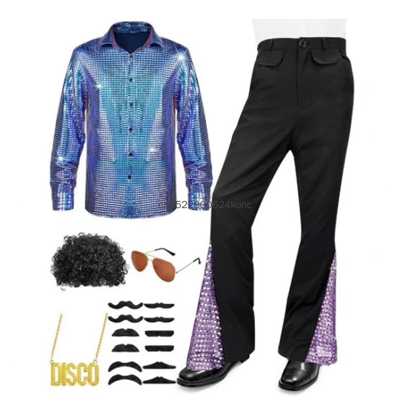 70s Vintage Disco Costume for Men Shiny Golden Shirt Flared Pants with Accessories Adult Halloween Party Performance Outfits