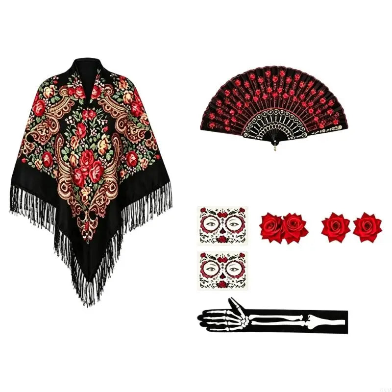 Costume Accessory Set for Stage Performances with Patterned Fan, Colorful Fringe Scarf, Skeleton Print Gloves and Red Flower
