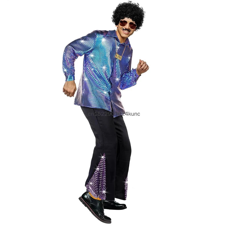 70s Vintage Disco Costume for Men Shiny Golden Shirt Flared Pants with Accessories Adult Halloween Party Performance Outfits