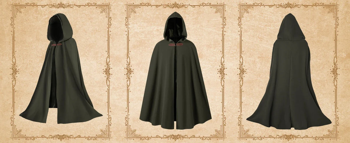 Medieval Costume Cloak with hood men Adult Renaissance Hooded Cloak with Green Leaf Brooch Necklace