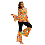 Women 60s 70s Outfits Hippie Costume Set Disco Outfit Dress Boho Flared Pants Hippie Shirt Headband