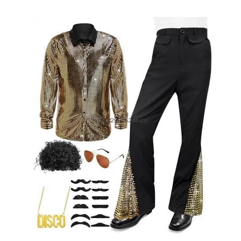 70s Vintage Disco Costume for Men Shiny Golden Shirt Flared Pants with Accessories Adult Halloween Party Performance Outfits