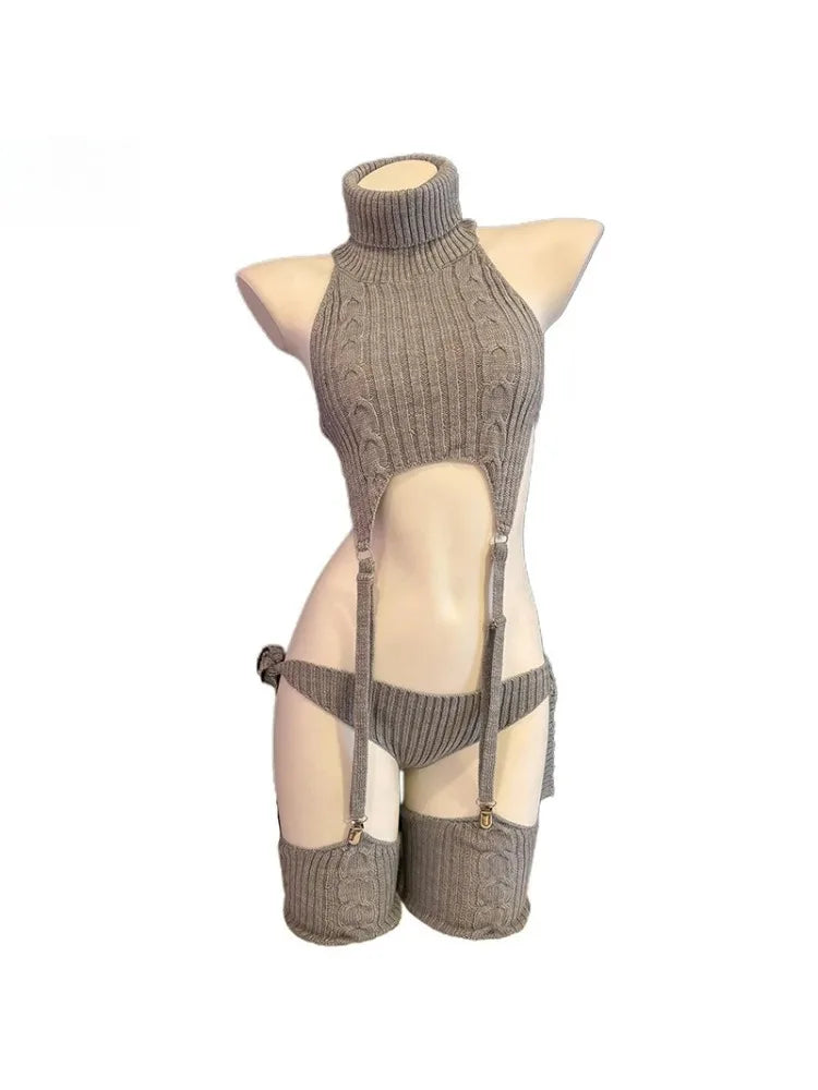 Cosplay Costume Anime Girl Turtleneck Knit Halter Dress Uniform Bodysuit Outfit Sweater Cat Backless Gray Black White Garter