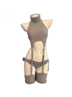 Cosplay Costume Anime Girl Turtleneck Knit Halter Dress Uniform Bodysuit Outfit Sweater Cat Backless Gray Black White Garter