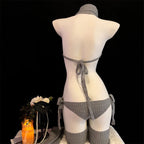 Cosplay Costume Anime Girl Turtleneck Knit Halter Dress Uniform Bodysuit Outfit Sweater Cat Backless Gray Black White Garter