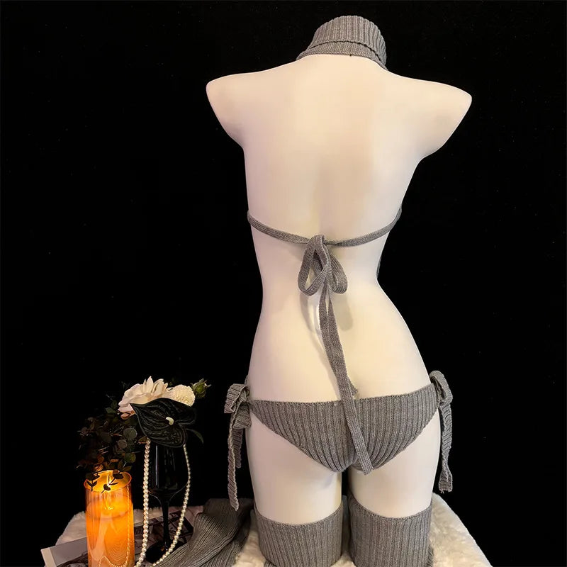 Cosplay Costume Anime Girl Turtleneck Knit Halter Dress Uniform Bodysuit Outfit Sweater Cat Backless Gray Black White Garter