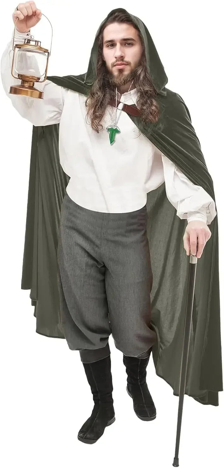 Medieval Costume Cloak with hood men Adult Renaissance Hooded Cloak with Green Leaf Brooch Necklace