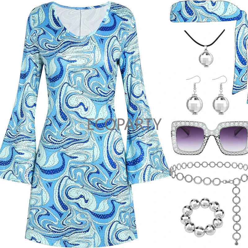70s Disco Outfit Women, 7 PCS 70's Disco Dress Costume Hippie Clothes Accessories Jewelry Halloween dress anime clothes dress